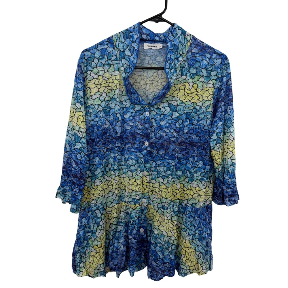 Periwinkle Shirt Womens Large Blue Mosaic Print Peplum Button Up 3/4 Sleeve Top